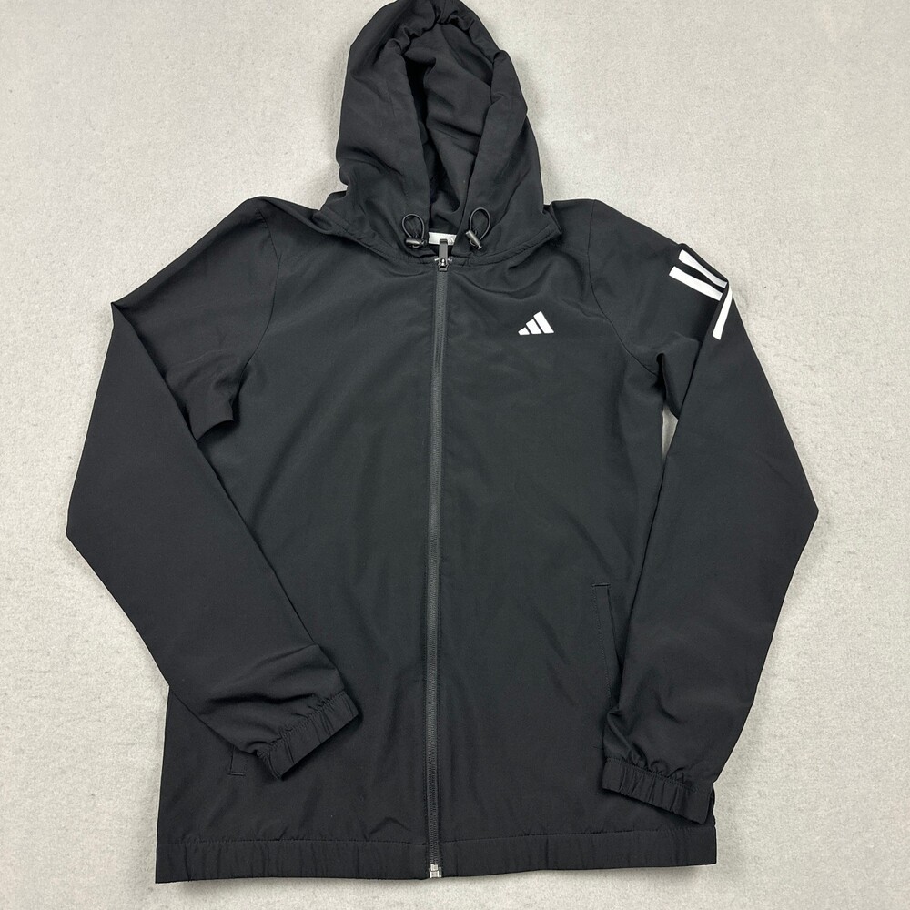 Adidas Jacket Women Small Black Solid Full Zip Windbreaker Hood Pockets S
